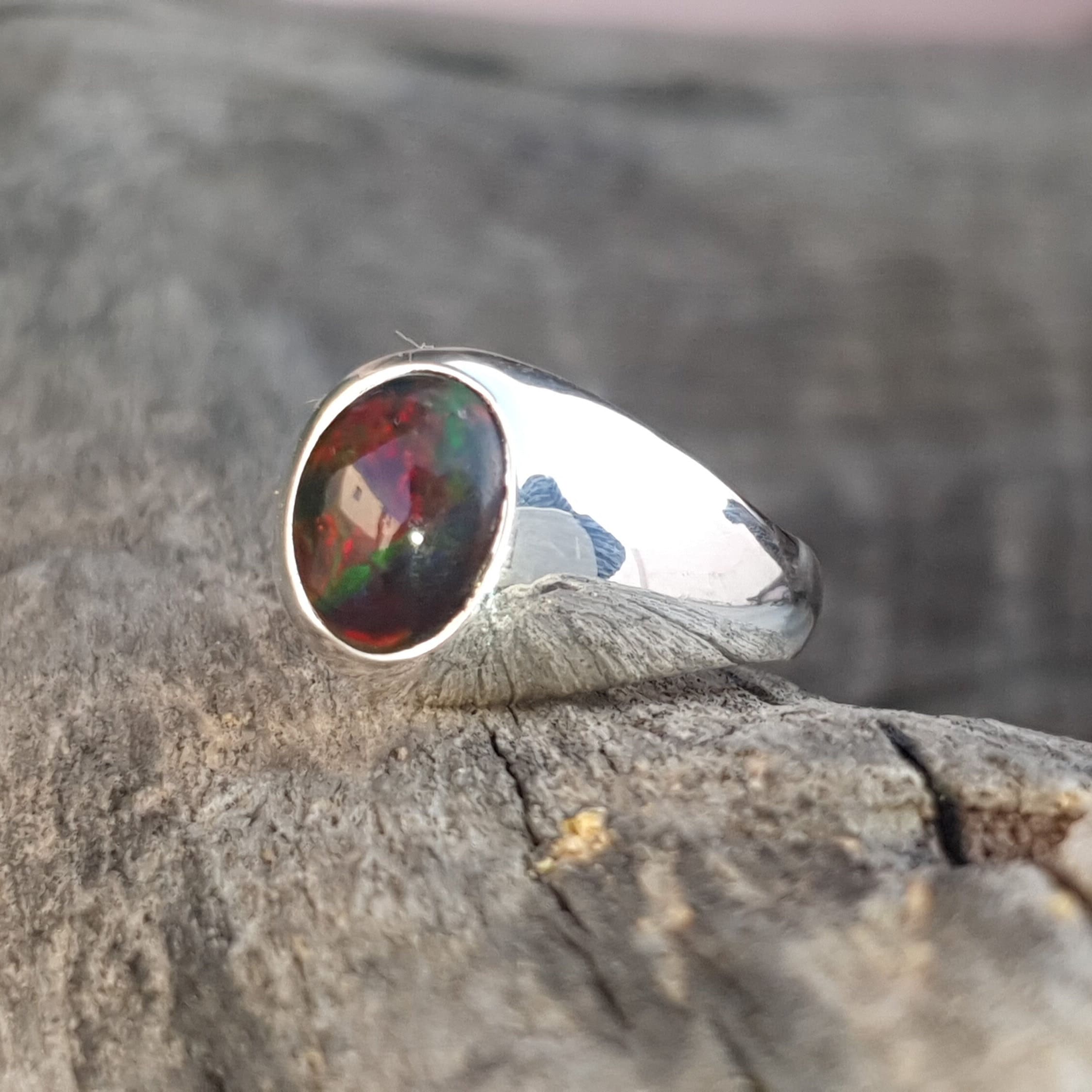 Black Opal Signet Ring Men Fire Opal Masculine Ring Genuine Opal Oval ...