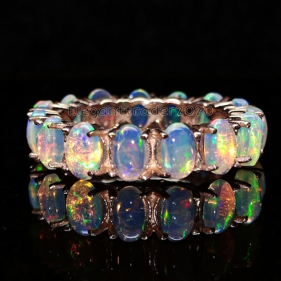Natural Opal Eternity Ring Oval Opal Engagement Ring Opal Wedding Stackable Band Ring 925 Silver Opal October Birthstone Ring Bridal Ring
