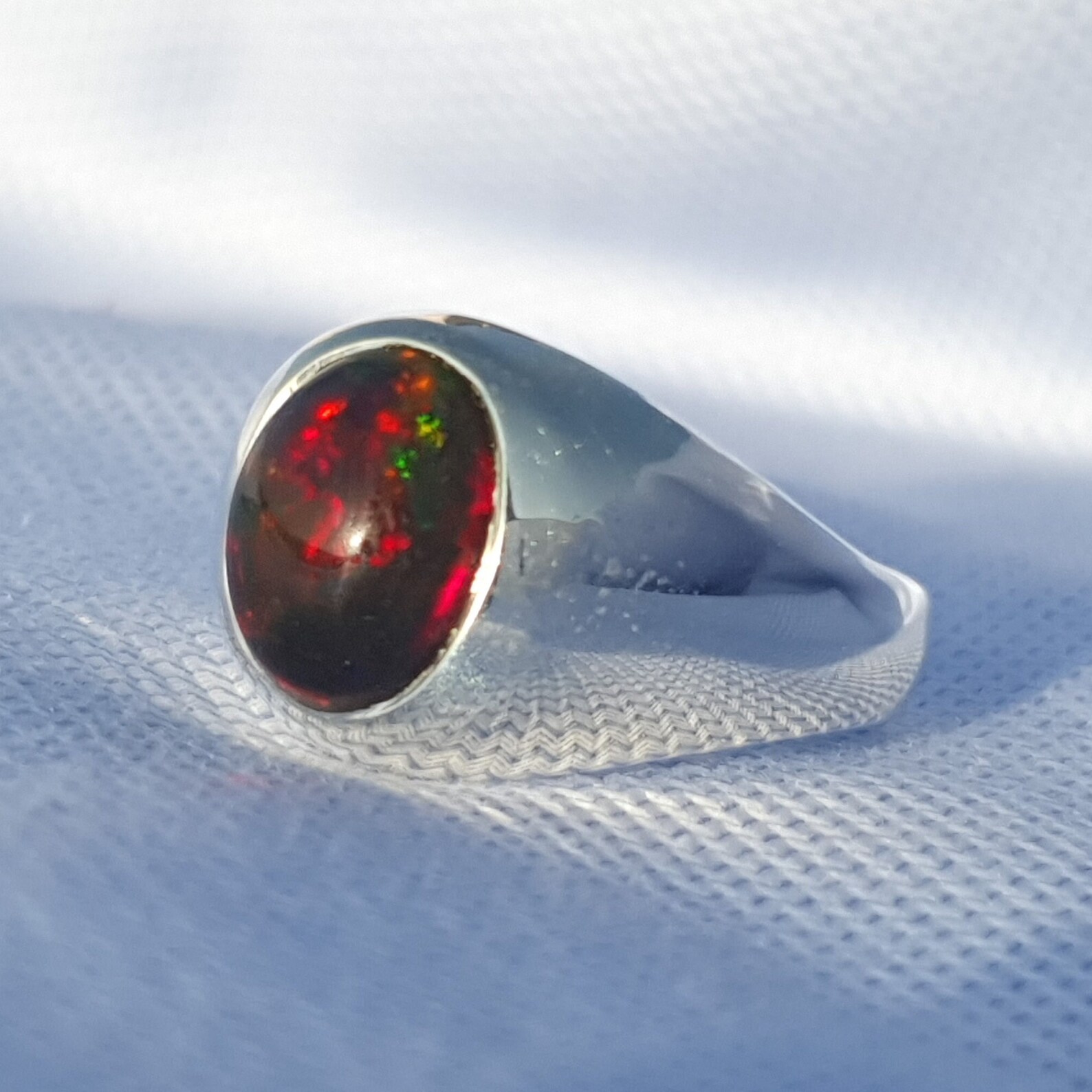 Black Opal Signet Ring Men Fire Opal Masculine Ring Genuine Opal Oval ...