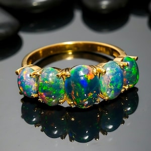Black Opal Gold Ring-Vintage Black Fire Opal Engagement Ring-14k Black Opal Wedding Band-Cluster Opal Bridal Promise Ring October Birthstone