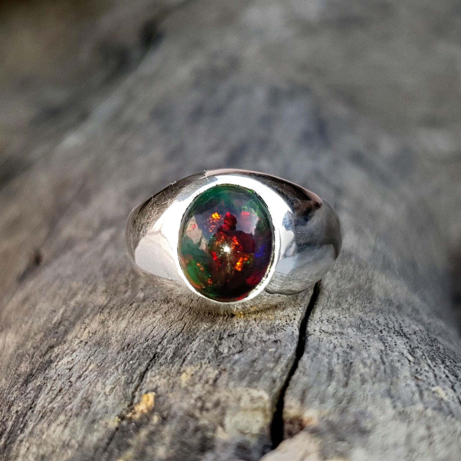 Black Opal Signet Ring Men Fire Opal Masculine Ring Genuine Opal Oval ...