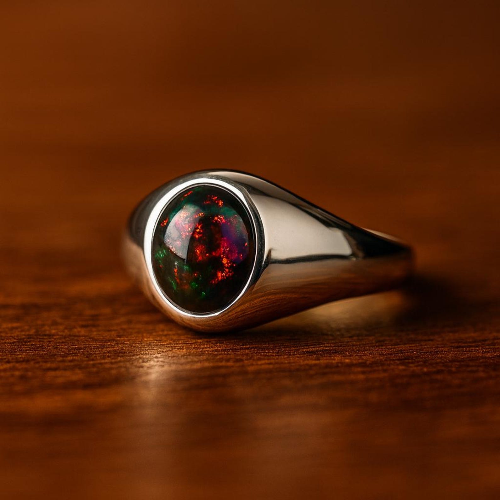 Black Opal Signet Ring Men Fire Opal Masculine Ring Genuine Opal Oval ...