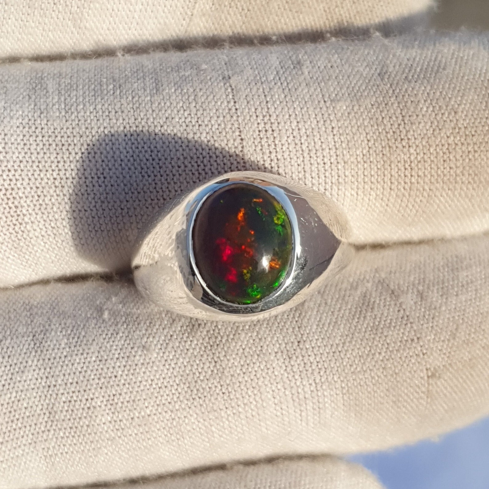 Black Opal Signet Ring Men Fire Opal Masculine Ring Genuine Opal Oval ...