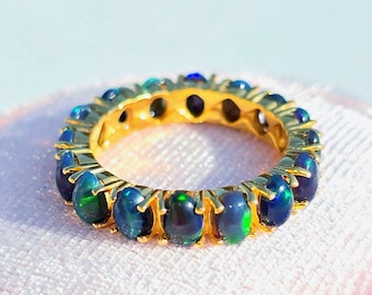 Genuine Black Opal Eternity Engagement Band Ring Black Opal Wedding Gold Ring Welo Black Opal 925 Sterling Silver Band Fire Opal Jewelry