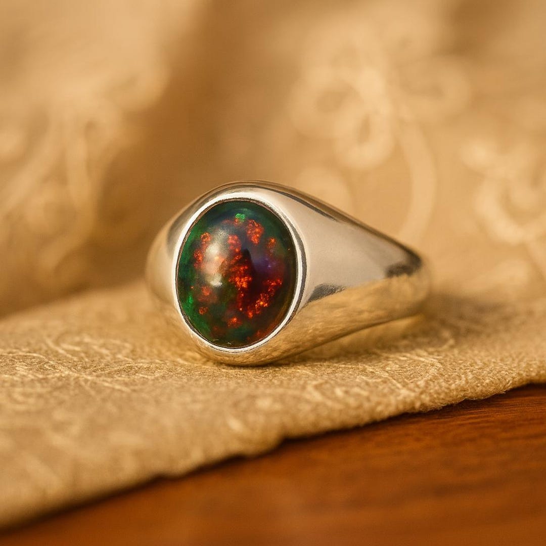 Black Opal Signet Ring Men Fire Opal Masculine Ring Genuine Opal Oval ...