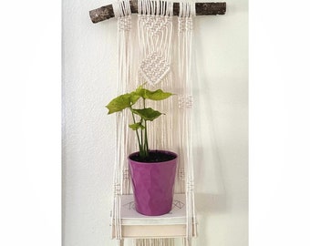 Macramé Hanging Bookshelf with Decorative Back || Add-your-own-books wall shelf for plants, decor || Handmade gift for mom, gift for her