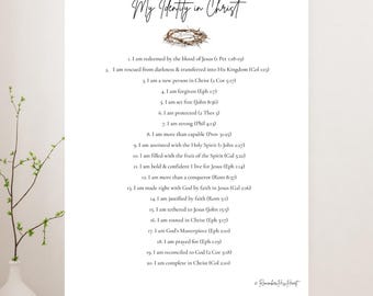 May include: A white print titled "My Identity in Christ" with a crown of thorns illustration. The print lists 20 affirmations, including "I am redeemed" and "I am forgiven." The print is displayed on a wooden surface with a vase and plant.