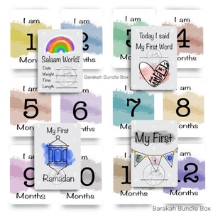 Cartes islamiques pour bébés (jeu de 16) - 3 couleurs disponibles | Cartes d'étape musulmanes | Cartes mensuelles | Cartes islamiques de croissance pour bébé