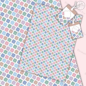May include: A digital paper pack with a repeating pattern of pastel colored squares on a white background. The paper pack includes two gift tags with the text "Barakah Bundle Box" and "Barakah Bundle".