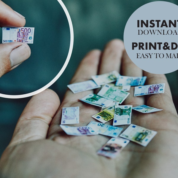 Miniature Money EURO Bills, Printable play money for dolls 1:6