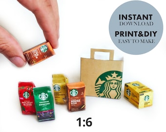 Mini STARBUCKS Kaffee Tüten 1:6, Instant Download und druckbare Ornamente