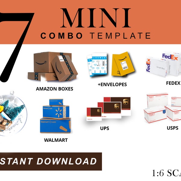 Mini 7 party COMBO BOX (Amazon, Envelope, Fedex, Ups, Usps, Walmart) template, Instant Download printable Packages