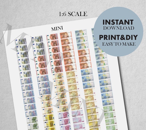 Miniature Money EURO Bills, Printable Play Money for Dolls 1:6 