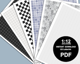 Puppenhaus Fliesen Boden/Wand Muster 1:12, druckbares PDF, 6 Wallpaper Designs