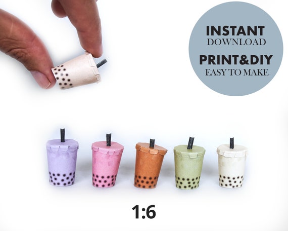 BUBBLE TEA cups 1:6 Miniature Printable Template, Boba Milk Tea