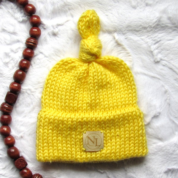 Sunshine Yellow Newborn Hat - Knit Hat With Top Knot - 0-3 Months Baby Hat - Double Brim Baby Toque -  Gender Neutral - Handknit Baby Hat