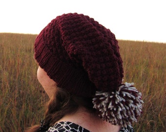 Women's Burgundy Red Slouchy Beanie Hat with Yarn pompom - Handknit