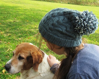 Women's Gray Knit Beanie Hat with Yarn Pom - Handknit