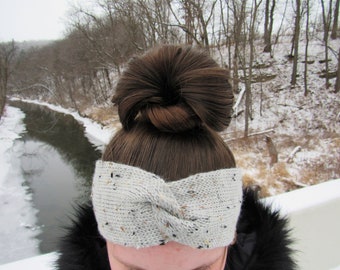 Women's Handknit Gray Tweed Headband Ear Warmers