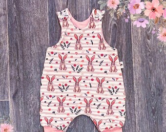 Spring Bunnies Easter Romper - Made to order with choice of lining/ cuff colour and pockets. Age 0months - 5 Y