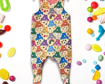 Affirmation Bears - Dungaree romper with a choice of cuff and lining colours and option to add pockets. Age 0-6Y