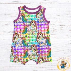 Rainbow Gingham Princess Pony Short Romper - Ages 0-5 years with optional front pockets and a choice of cuff colour.