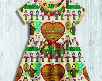 Snow White Fairy Tale Summer Dress - t-shirt dress, long sleeved or sleeveless pinafore with pockets. Age 0-10years. Organic fabric.