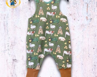 Little farmer long leg romper with cuff/ footed option - choice of cuff and lining colours, option to add pockets. Age 0-6Y
