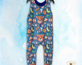 Teddy Bears Picnic Long Leg Dungaree Romper – Semi-Lined, Blue Background. Age 0-6Y