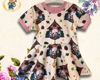 Doggy Family Cuckoo Clock Summer Dress - t-shirt dress, long sleeved or sleeveless pinafore with pockets. Age 0-10years. Organic fabric.