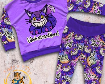 We’re All Mad Here Long Sleeve Top & Leggings Set – Purple Galaxy Cheshire Cat Design Age 0-10Y