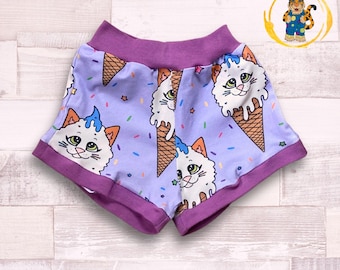 Cat Ice Cream Cone Summer Shorts - Harem Knee-Length/ Shorties/ Beach Shorts. Choose your own cuff and pockets. Age 0-10Y organic fabric