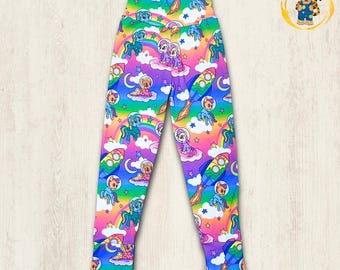 Cartoon Space Pony Leggings – Cute Ponies in Spacesuits on a Vibrant Rainbow Blur Background