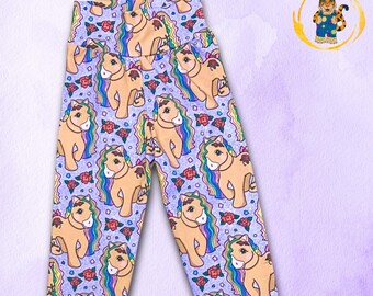 Rose Pony Leggings – Sparkly Purple Background with Rainbow Mane & Rose Tattoo