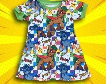 Superhero Ponies Comic Style Dress - t-shirt dress, long sleeved, round or popper neck. Age 0-10years. Organic fabric.