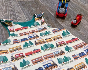 Steam Train Long Leg, Organic Romper; Made to order in sizes 0-5 years