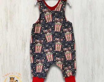 Movie Night Furry Monster - Dungaree romper with a choice of cuff and lining colours and option to add pockets. Age 0-6Y