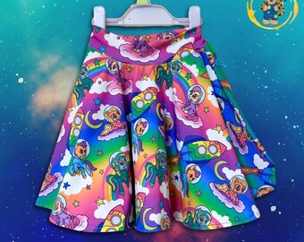 Cartoon Space Pony Twirl Skirt – Rainbow Background, Colourful & Vibrant, Organic Cotton, Eco-Friendly, Custom Sizing and Pockets Age 0-10Y