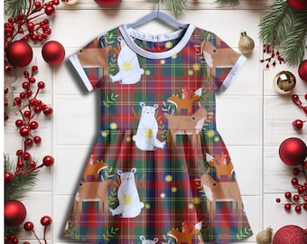 North Star Christmas on Red Tartan -  t-shirt dress, long sleeved. Age 0-10years. Organic fabric.