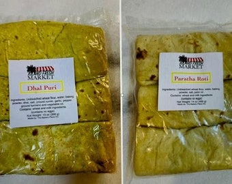 COMBO PACK Dhal Puri-Paratha  1-Pk  Dhal Puri (Package of Three) 13 oz / 1-PK Paratha (Package of Three) 14 oz. Just Like Homemade!