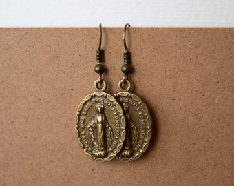 Miraculous Medal / Our Lady of Grace Round Antique Bronze Mary Earrings 1”