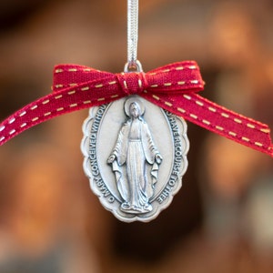 Catholic Marian Blessed Mother Christmas Ornaments Silver, red ribbon