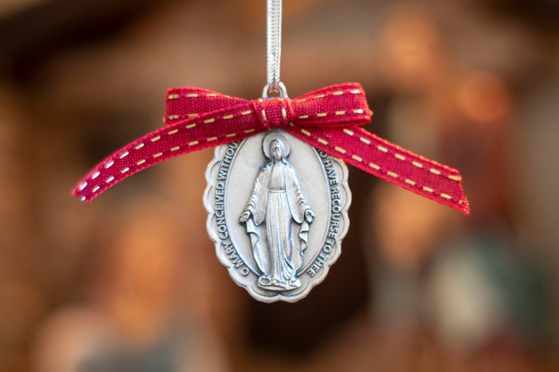 Catholic Marian Blessed Mother Christmas Ornaments Silver, red ribbon
