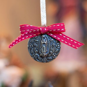 Catholic Marian Blessed Mother Christmas Ornaments Bronze, red ribbon