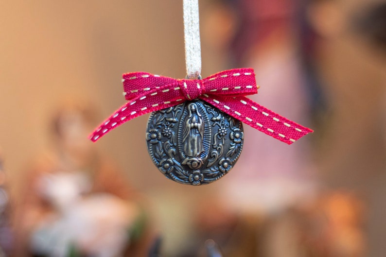 Catholic Marian Blessed Mother Christmas Ornaments Bronze, red ribbon
