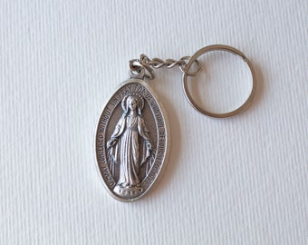 Miraculous Medal / Our Lady of Grace Antique Silver Mary Keychain