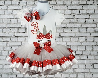 Traje de cumpleaños de niña, tutú de cinta de lunares rojos, traje de fiesta, camisa número 3, camisa de unicornio, camisa personalizada, camisa de cumpleaños bordada