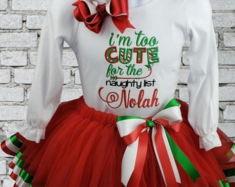 Girl Christmas Outfit, Ribbon Tutu, I'm Too Cute, Red And Green Outfit, Christmas Party Set, Personalized Shirt, Embroidered Shirt