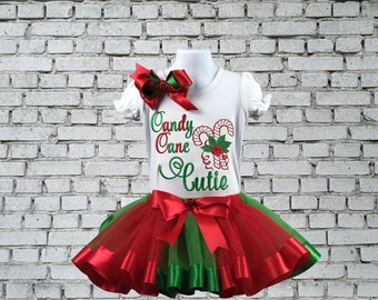 Girl Christmas Outfit, Candy Cane Cutie Shirt, Red, White, Green Outfit, Ribbon Tutu, Party Outfit, Personalized Shirt, Embroidered Shirt