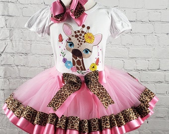 Traje de tutú de cumpleaños de jirafa para niña, tutú para niña, tutú con estampado de animales, traje de fiesta, tutú con lazos rosa intenso, bordado, camiseta personalizada